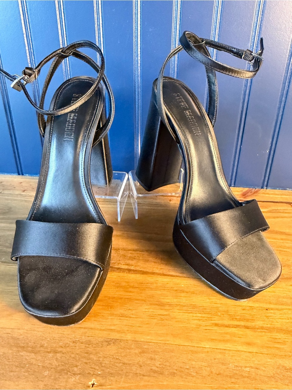 Steve Madden Black Satin Platform Block Heel Sandals Size 8.5